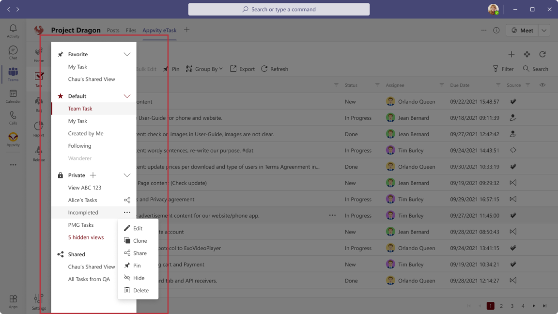 eTask Task Grid View